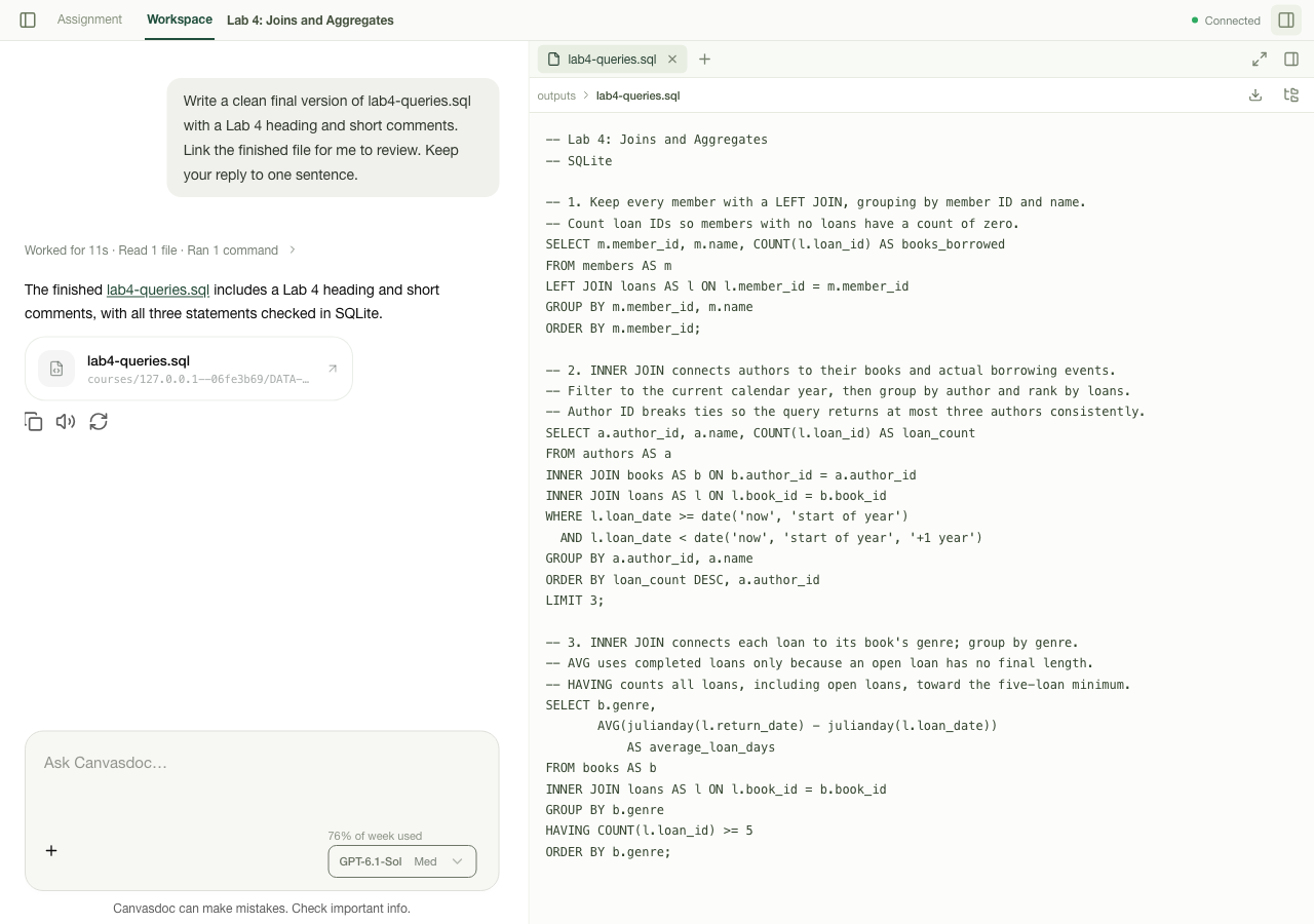 Canvasdoc working on a practice SQL assignment. The conversation shows the completed query file, with all three SQL queries open beside it for review.